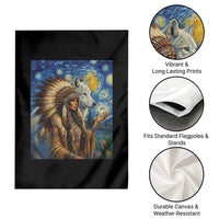 Native American Woman And White Wolf Garden Flag Starry Night Inspired Art