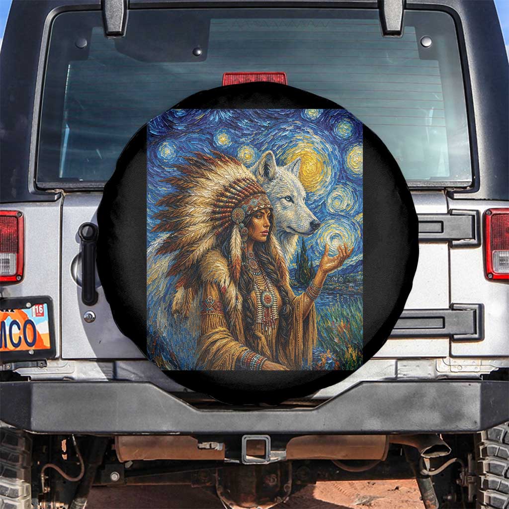 Native American Woman And White Wolf Spare Tire Cover Starry Night Inspired Art