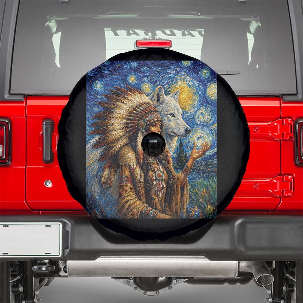 Native American Woman And White Wolf Spare Tire Cover Starry Night Inspired Art