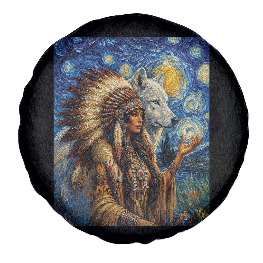 Native American Woman And White Wolf Spare Tire Cover Starry Night Inspired Art