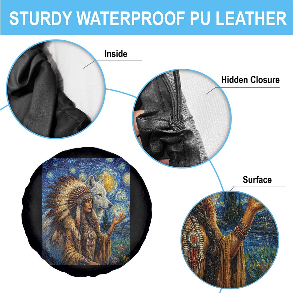Native American Woman And White Wolf Spare Tire Cover Starry Night Inspired Art