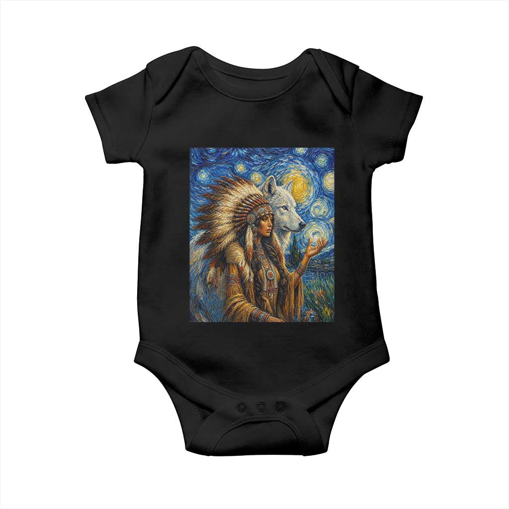 Native American Woman And White Wolf Baby Onesie Starry Night Inspired Art