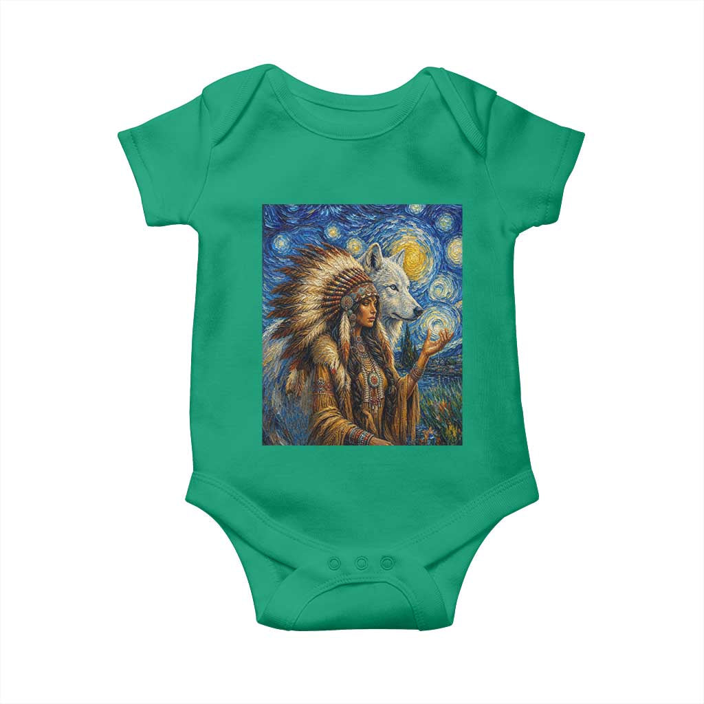 Native American Woman And White Wolf Baby Onesie Starry Night Inspired Art