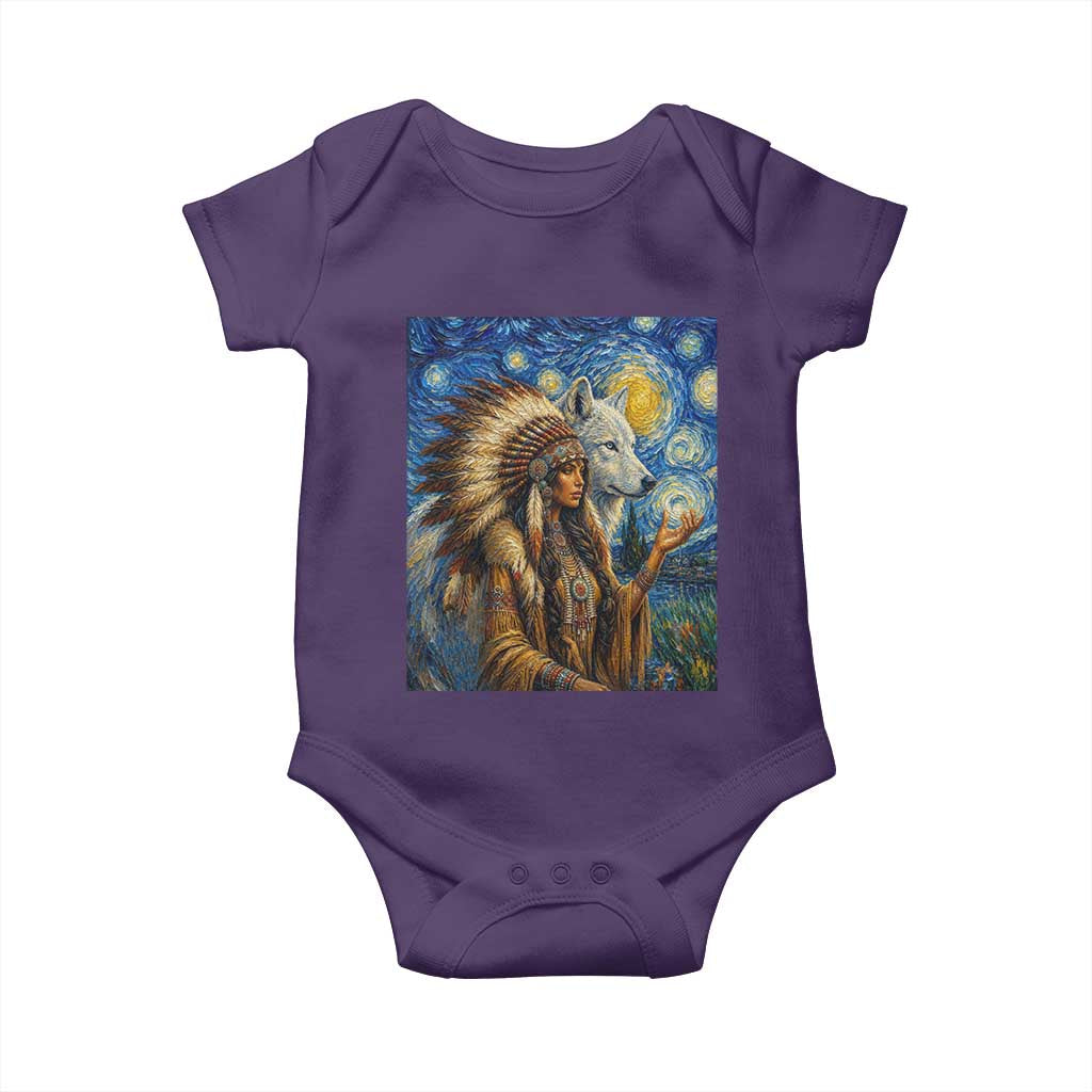 Native American Woman And White Wolf Baby Onesie Starry Night Inspired Art