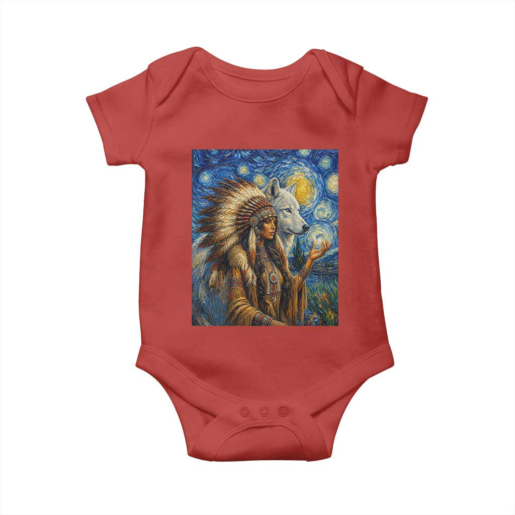 Native American Woman And White Wolf Baby Onesie Starry Night Inspired Art