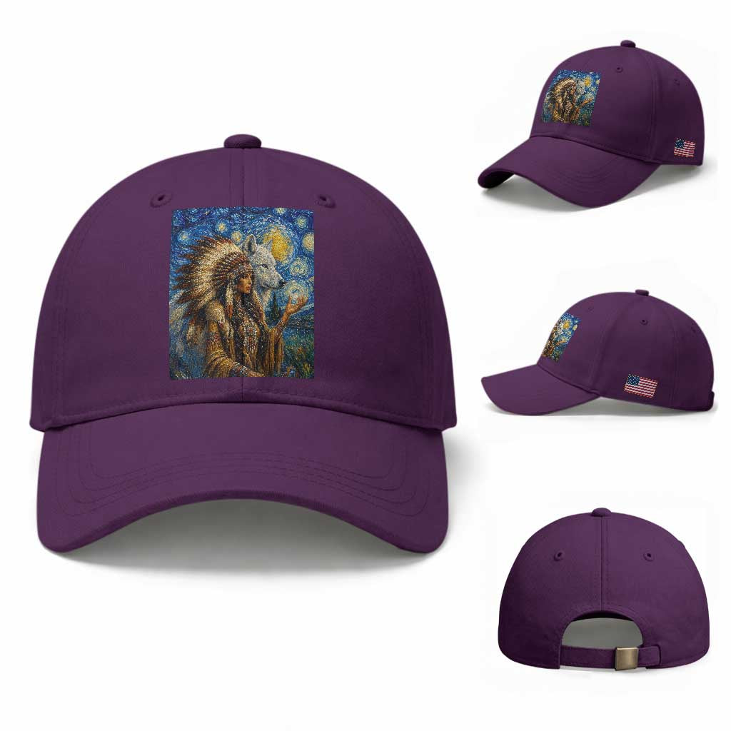 Native American Woman And White Wolf Baseball Cap Starry Night Inspired Art