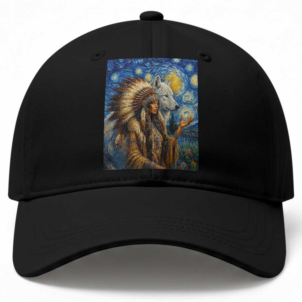 Native American Woman And White Wolf Baseball Cap Starry Night Inspired Art