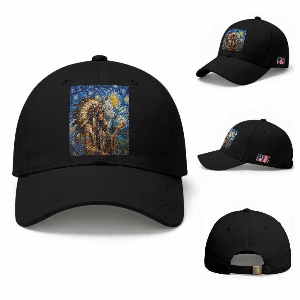 Native American Woman And White Wolf Baseball Cap Starry Night Inspired Art