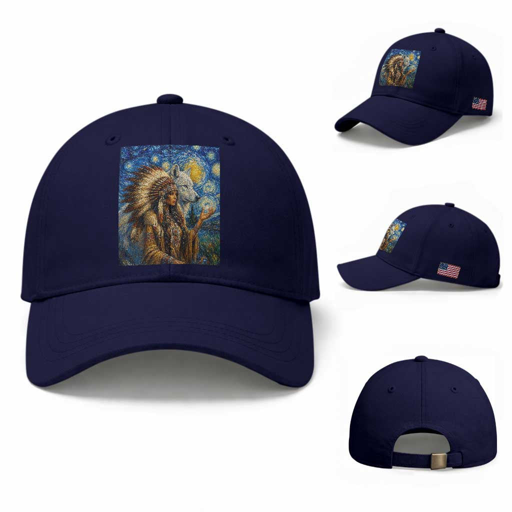 Native American Woman And White Wolf Baseball Cap Starry Night Inspired Art