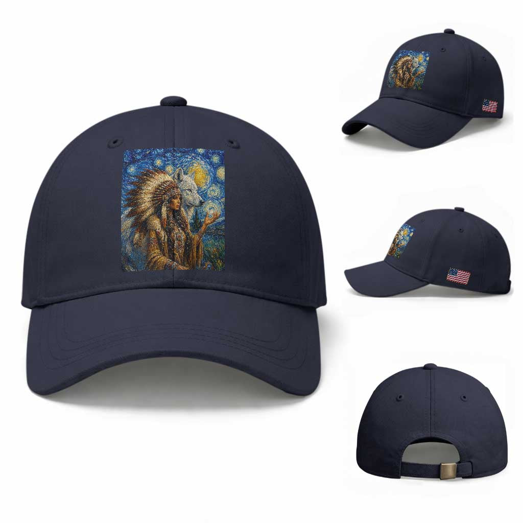 Native American Woman And White Wolf Baseball Cap Starry Night Inspired Art