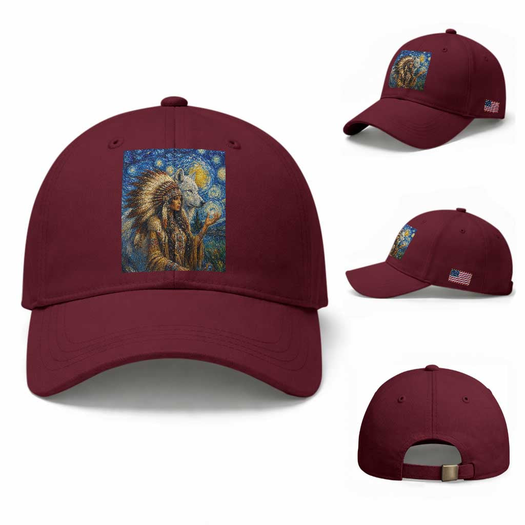 Native American Woman And White Wolf Baseball Cap Starry Night Inspired Art