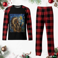 Native American Woman And White Wolf Plaid Pajama Set Starry Night Inspired Art