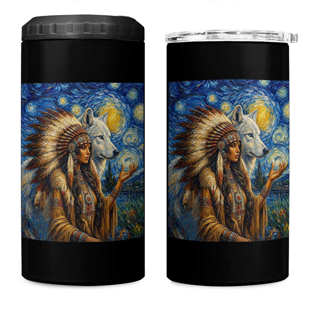 Native American Woman And White Wolf 4 in 1 Can Cooler Tumbler Starry Night Inspired Art