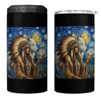 Native American Woman And White Wolf 4 in 1 Can Cooler Tumbler Starry Night Inspired Art