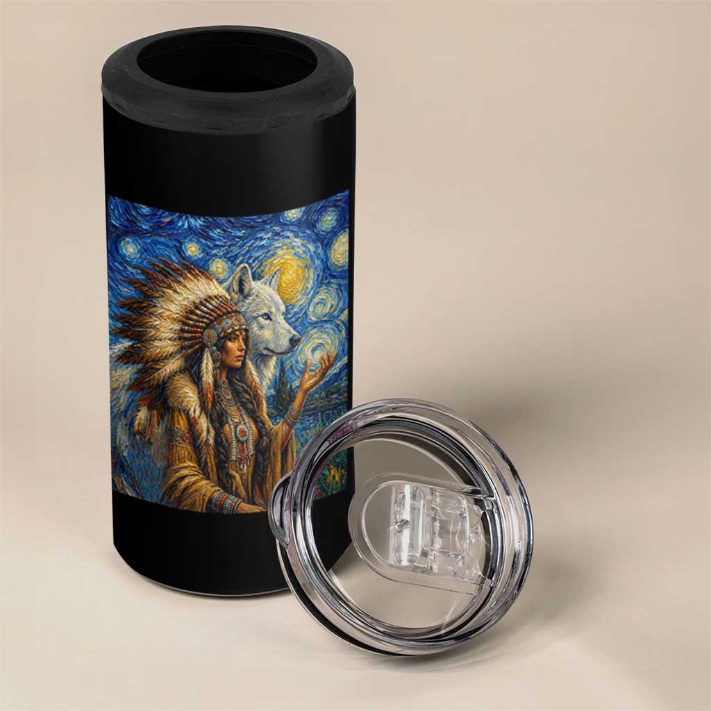 Native American Woman And White Wolf 4 in 1 Can Cooler Tumbler Starry Night Inspired Art
