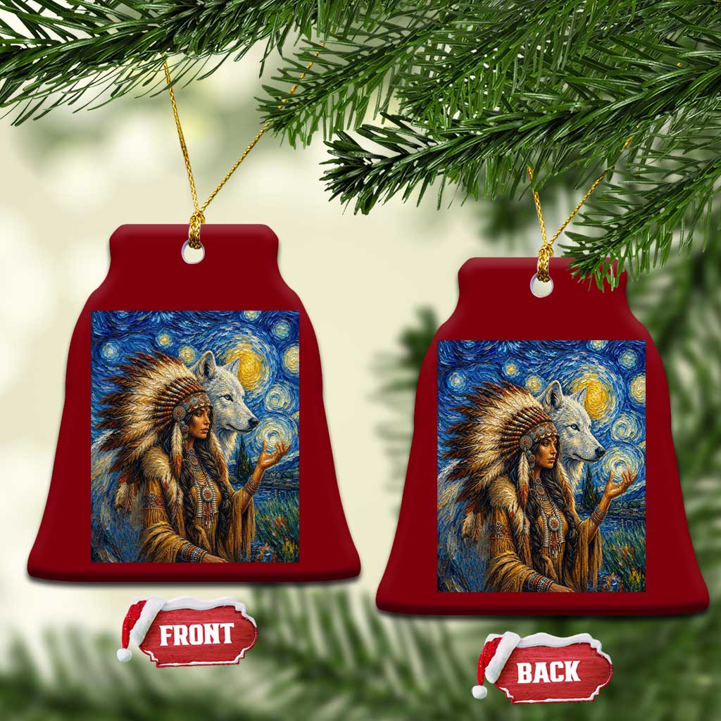 Native American Woman And White Wolf Ceramic Ornament Starry Night Inspired Art