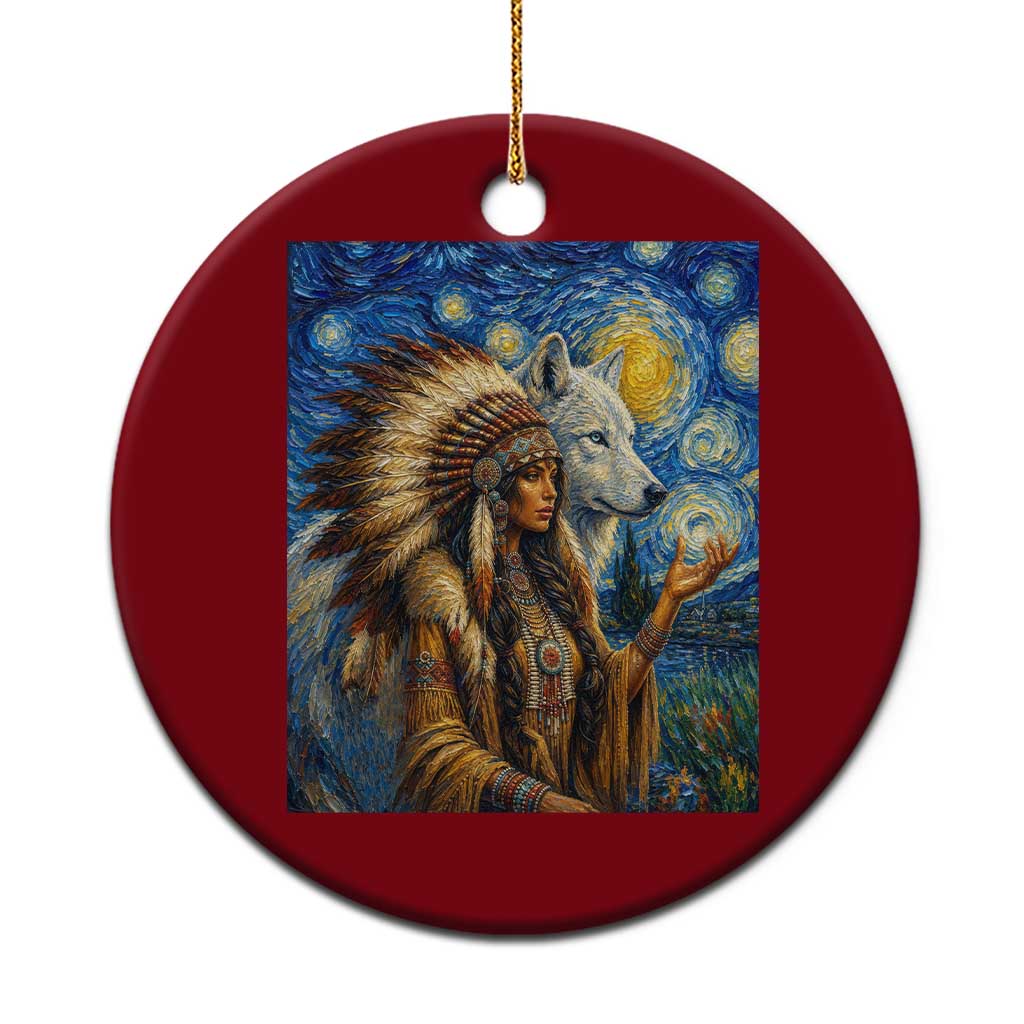 Native American Woman And White Wolf Ceramic Ornament Starry Night Inspired Art