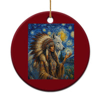 Native American Woman And White Wolf Ceramic Ornament Starry Night Inspired Art