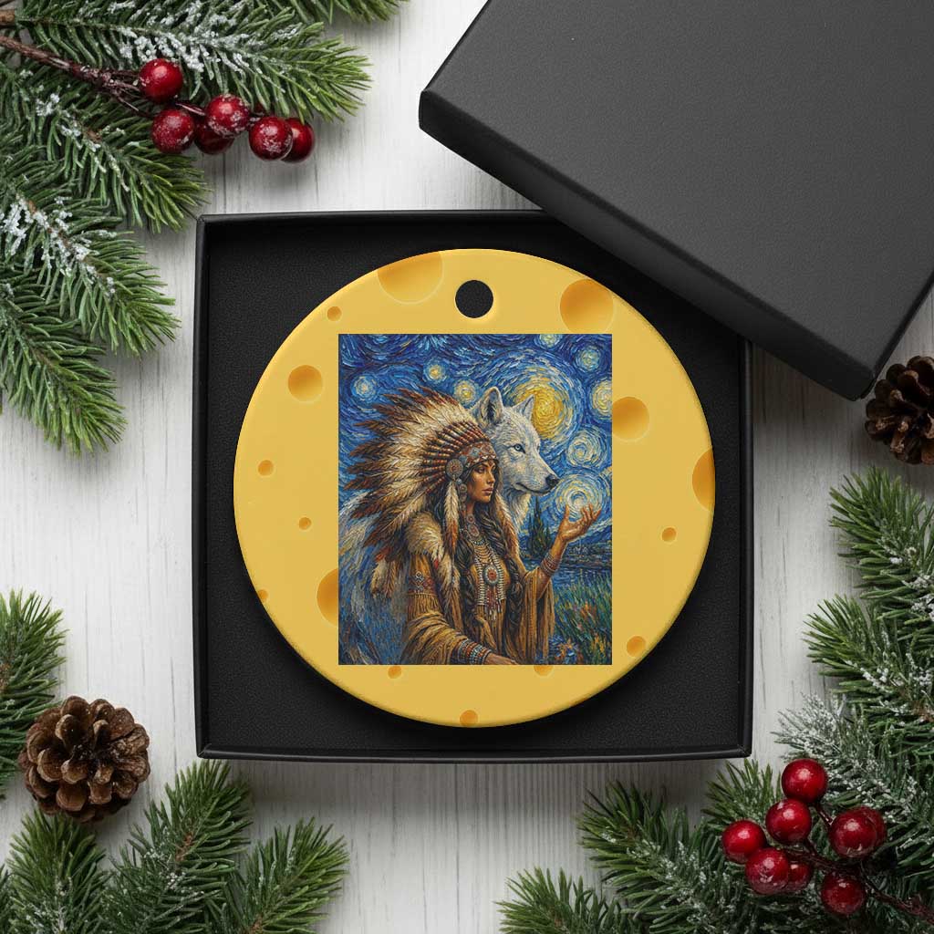 Native American Woman And White Wolf Ceramic Ornament Starry Night Inspired Art