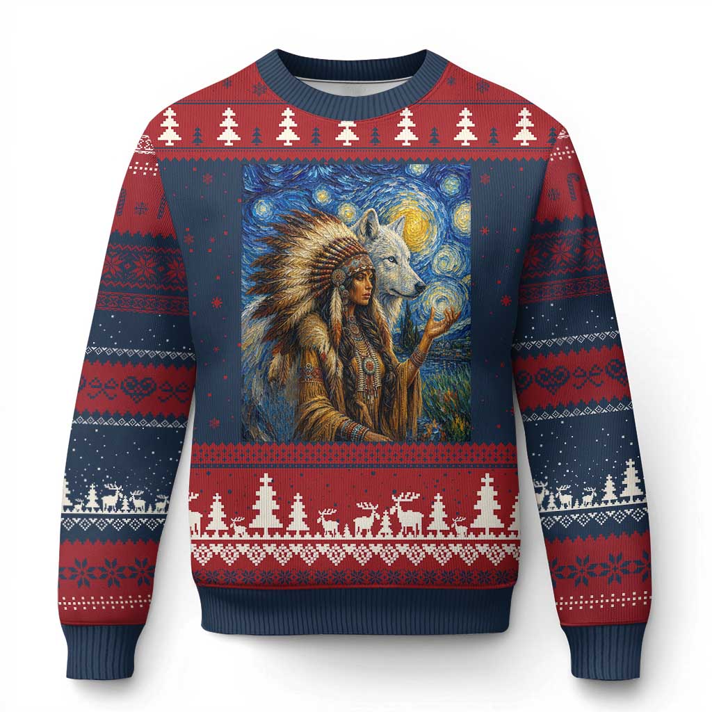 Native American Woman And White Wolf Ugly Christmas Sweater Starry Night Inspired Art