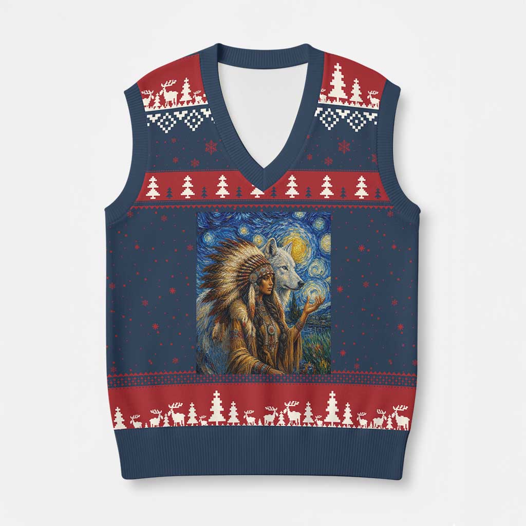 Native American Woman And White Wolf V-Neck Knit Sweater Vest Starry Night Inspired Art