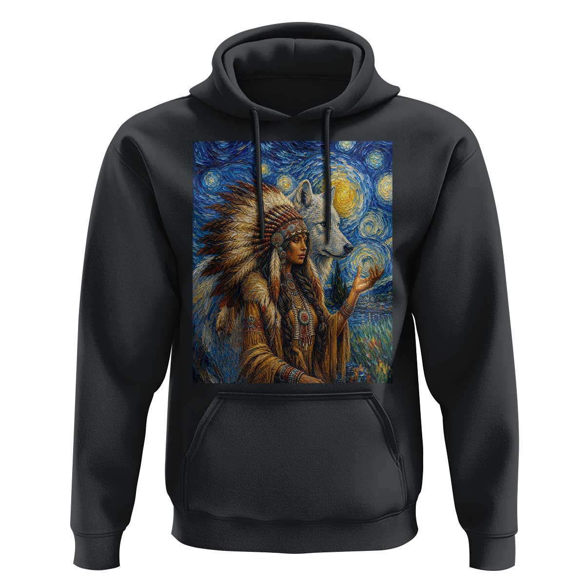 Native American Woman And White Wolf Hoodie Starry Night Inspired Art