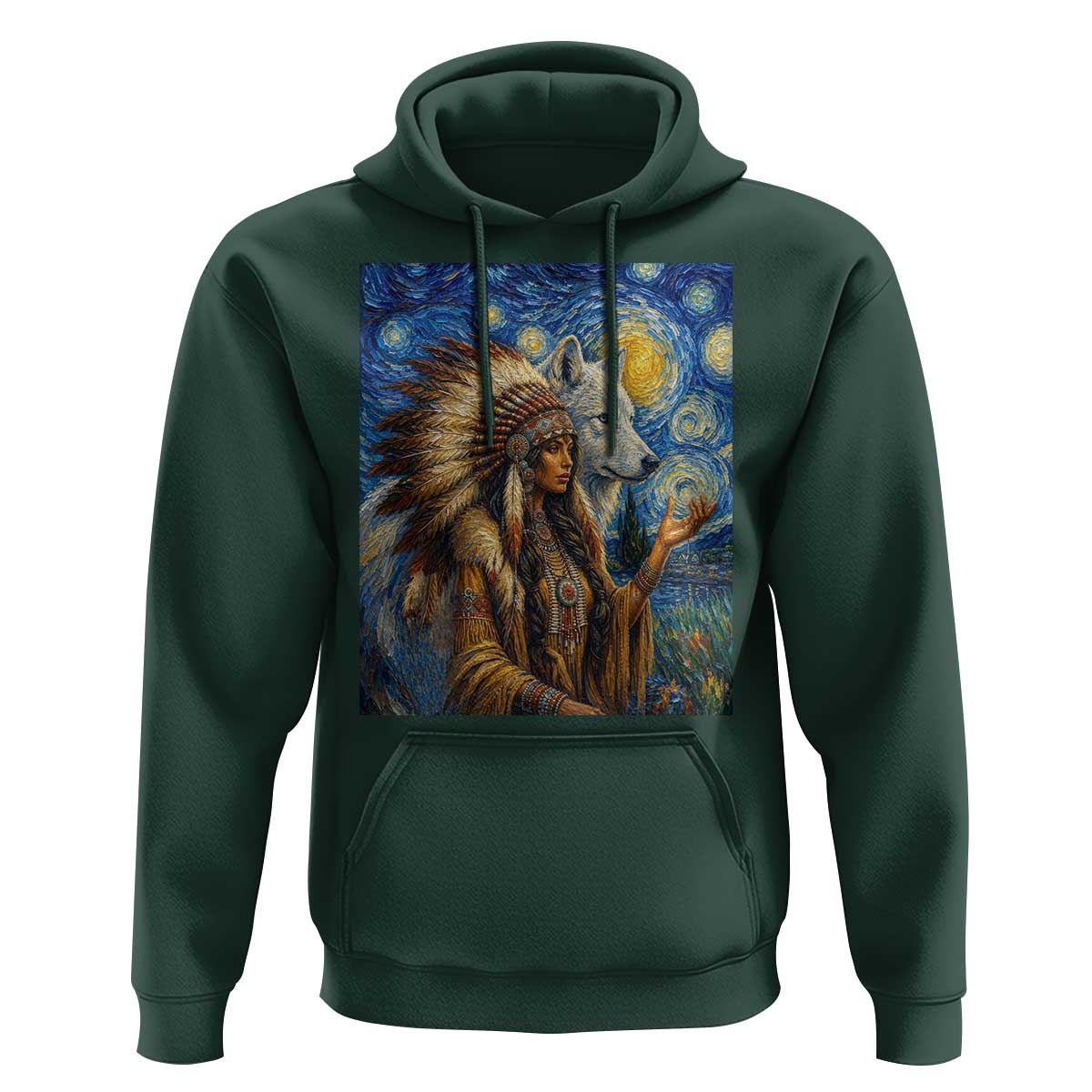 Native American Woman And White Wolf Hoodie Starry Night Inspired Art