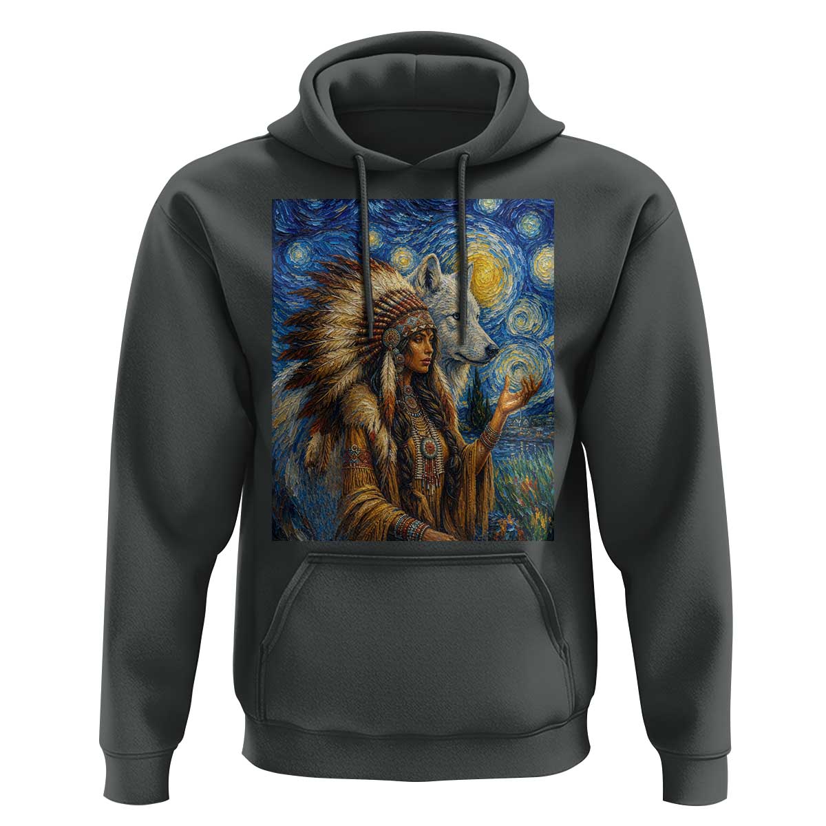 Native American Woman And White Wolf Hoodie Starry Night Inspired Art