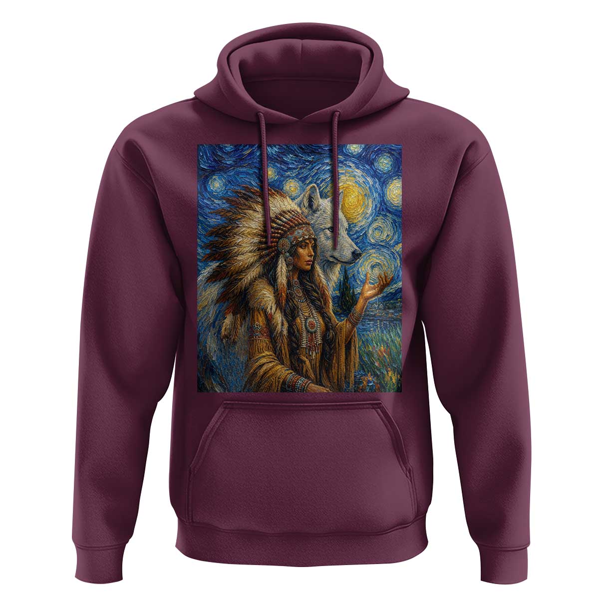 Native American Woman And White Wolf Hoodie Starry Night Inspired Art