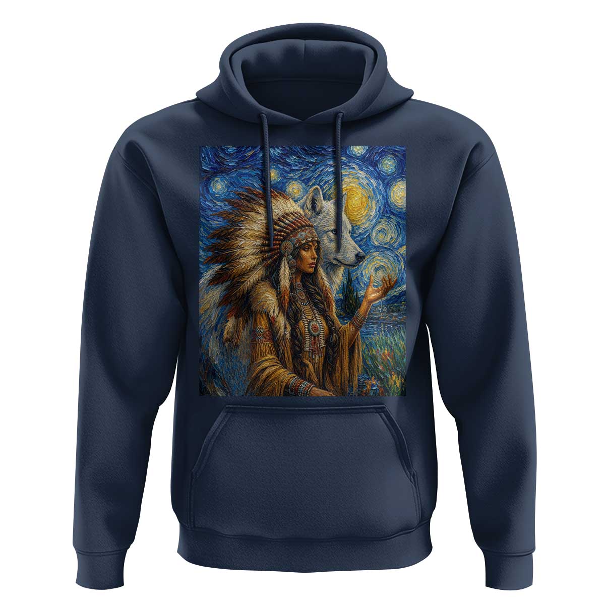 Native American Woman And White Wolf Hoodie Starry Night Inspired Art