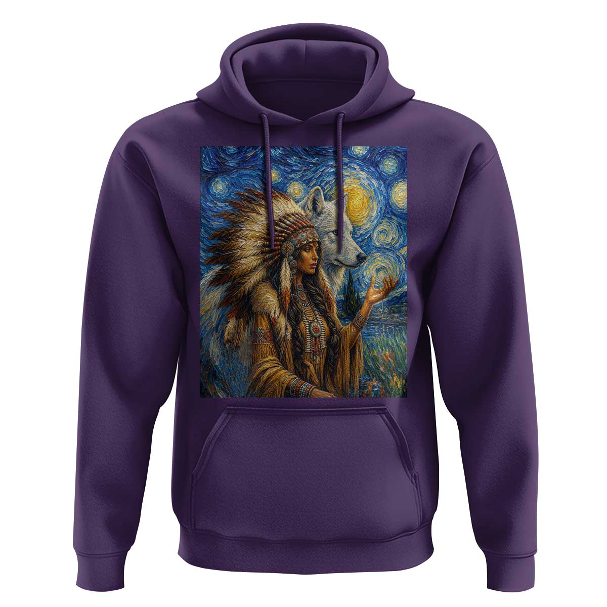 Native American Woman And White Wolf Hoodie Starry Night Inspired Art