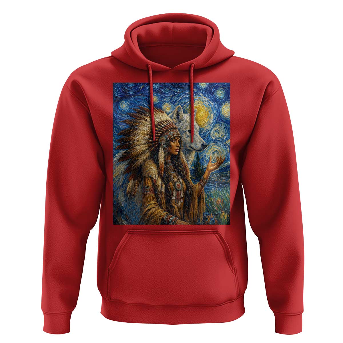 Native American Woman And White Wolf Hoodie Starry Night Inspired Art
