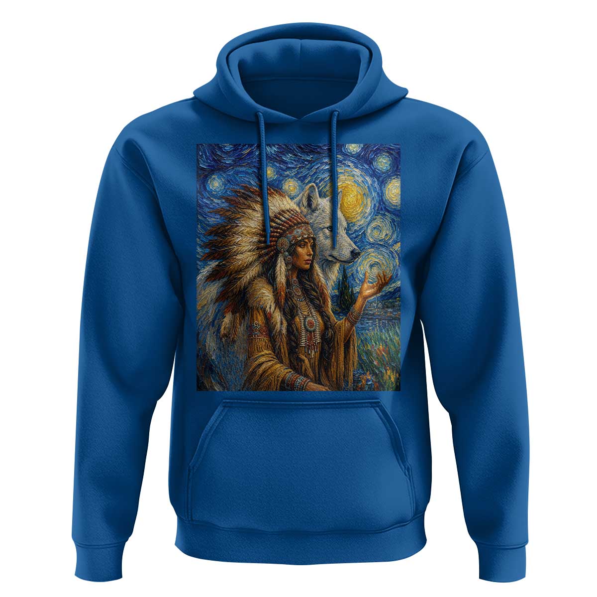 Native American Woman And White Wolf Hoodie Starry Night Inspired Art