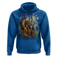 Native American Woman And White Wolf Hoodie Starry Night Inspired Art