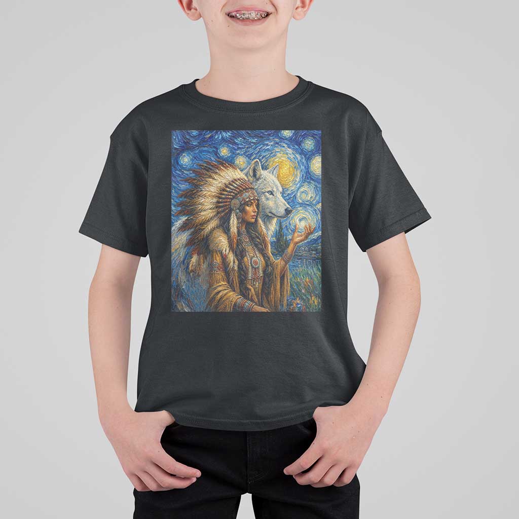 Native American Woman And White Wolf T Shirt For Kid Starry Night Inspired Art