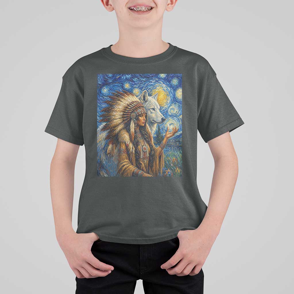 Native American Woman And White Wolf T Shirt For Kid Starry Night Inspired Art