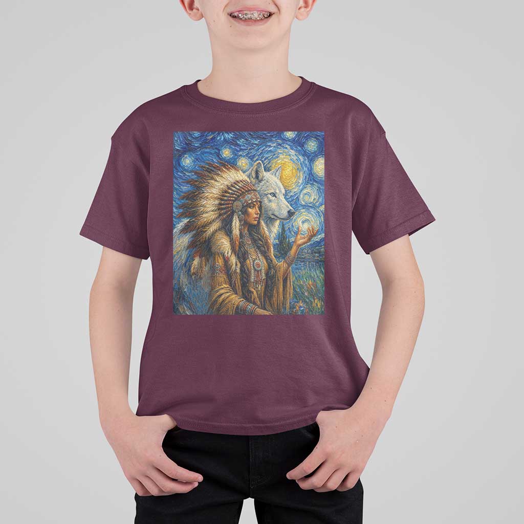 Native American Woman And White Wolf T Shirt For Kid Starry Night Inspired Art