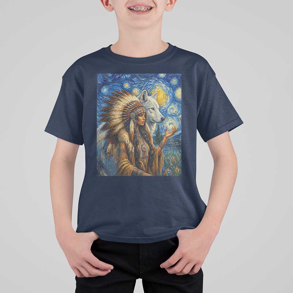 Native American Woman And White Wolf T Shirt For Kid Starry Night Inspired Art