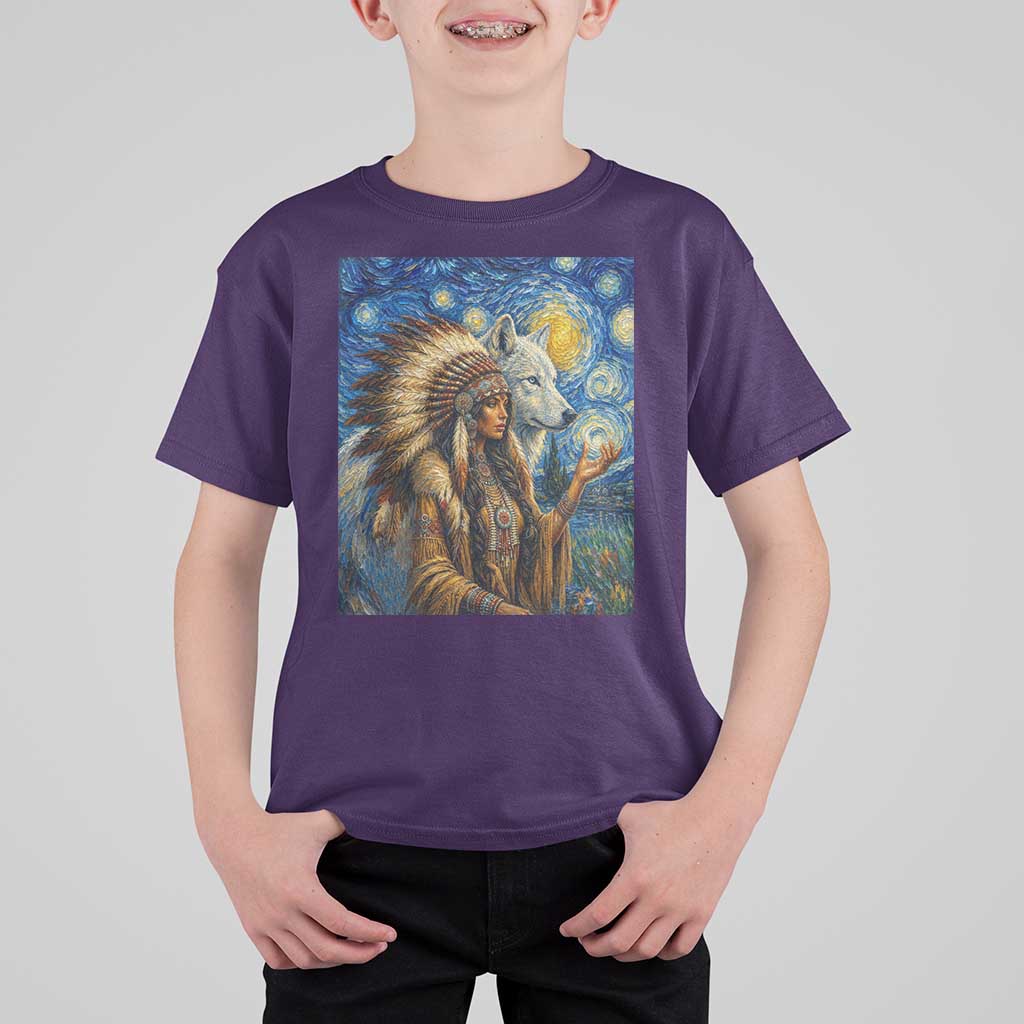 Native American Woman And White Wolf T Shirt For Kid Starry Night Inspired Art
