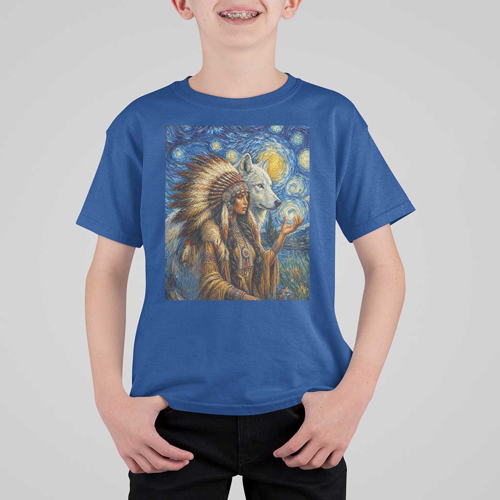 Native American Woman And White Wolf T Shirt For Kid Starry Night Inspired Art