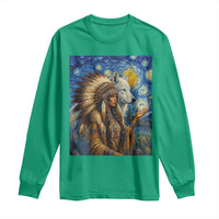 Native American Woman And White Wolf Long Sleeve Shirt Starry Night Inspired Art