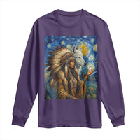 Native American Woman And White Wolf Long Sleeve Shirt Starry Night Inspired Art