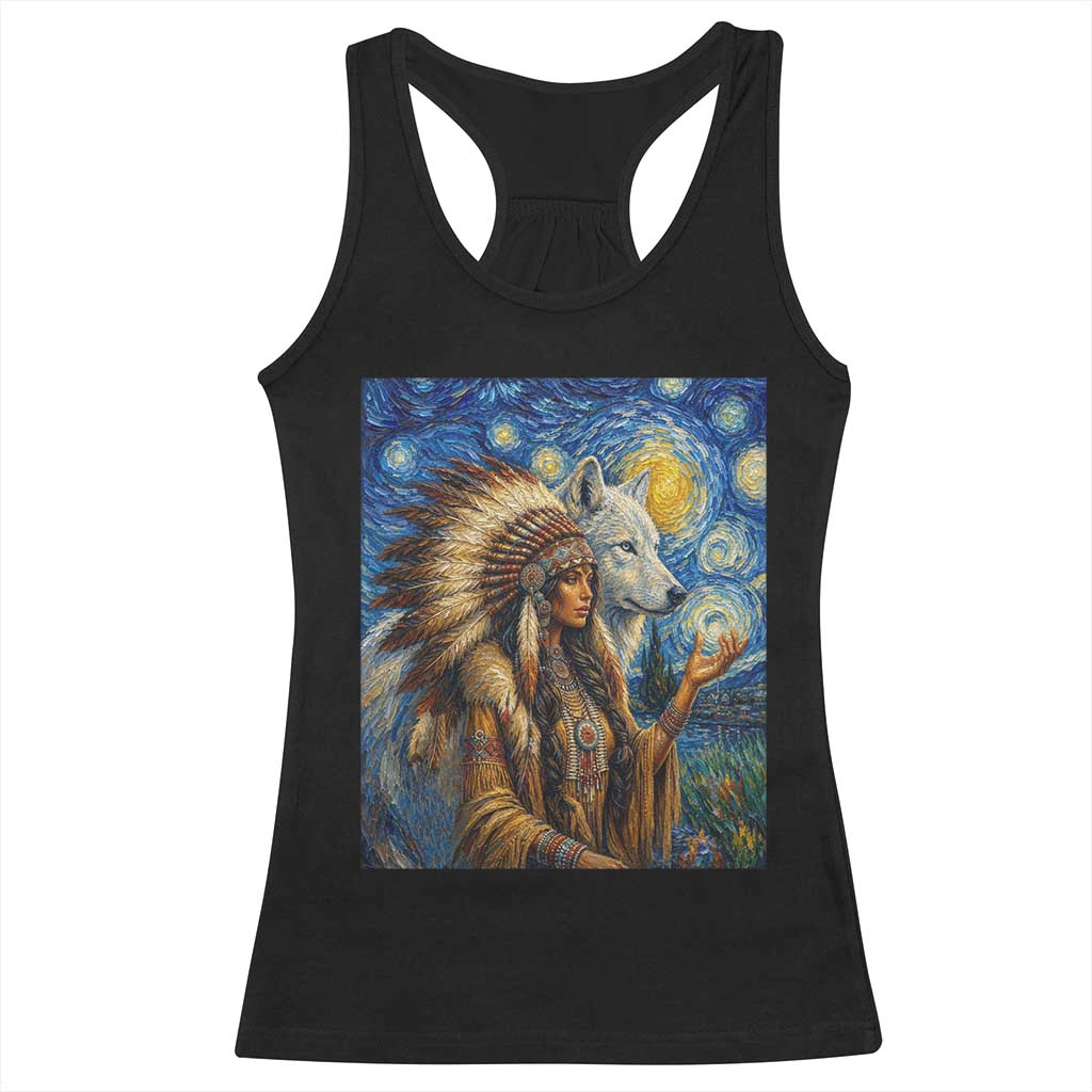Native American Woman And White Wolf Racerback Tank Top Starry Night Inspired Art