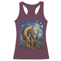 Native American Woman And White Wolf Racerback Tank Top Starry Night Inspired Art