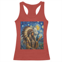 Native American Woman And White Wolf Racerback Tank Top Starry Night Inspired Art