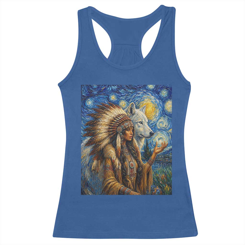 Native American Woman And White Wolf Racerback Tank Top Starry Night Inspired Art