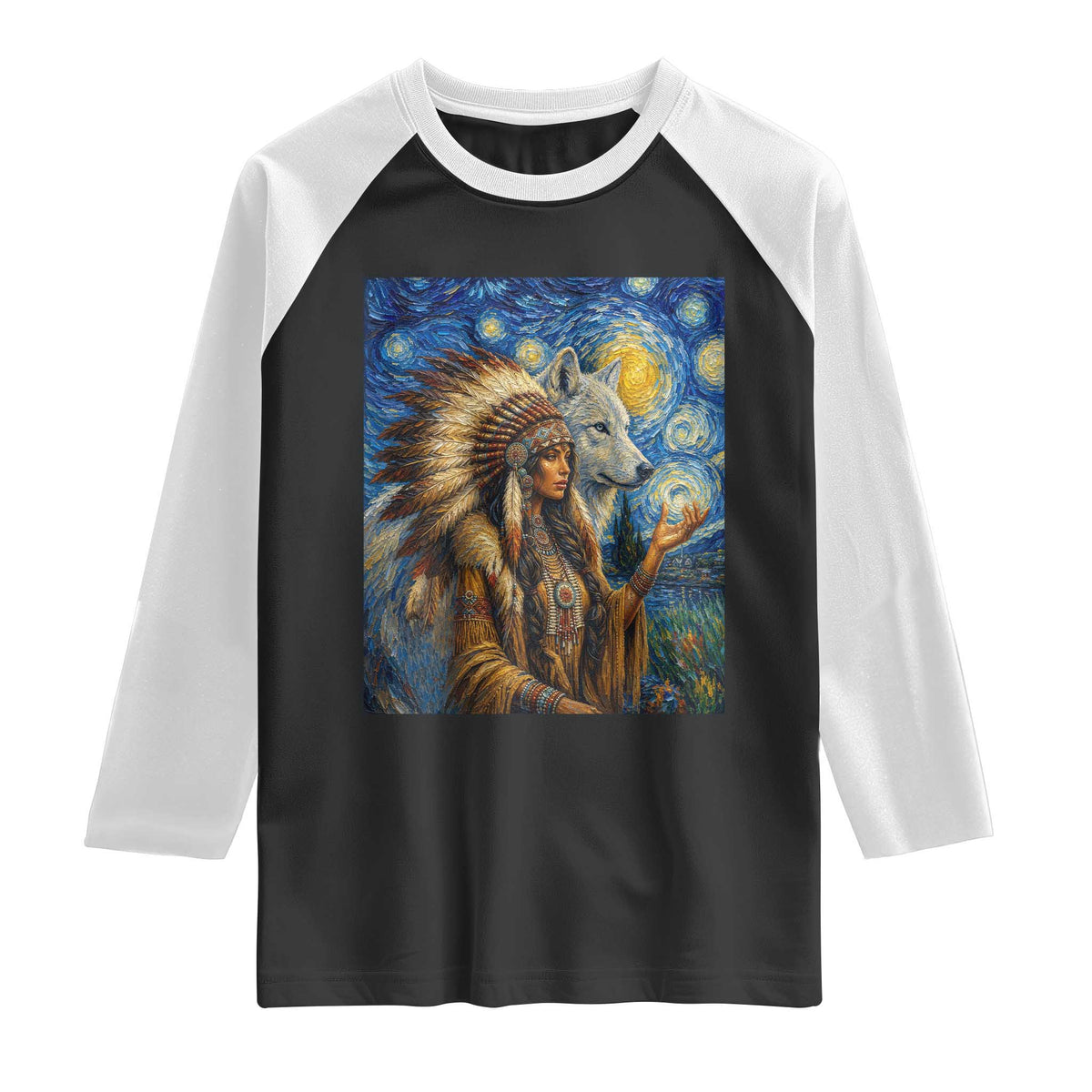 Native American Woman And White Wolf Raglan Shirt Starry Night Inspired Art