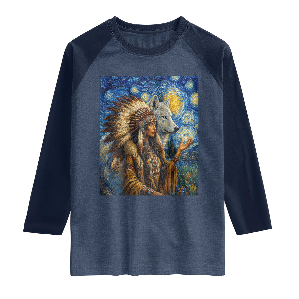 Native American Woman And White Wolf Raglan Shirt Starry Night Inspired Art