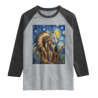 Native American Woman And White Wolf Raglan Shirt Starry Night Inspired Art