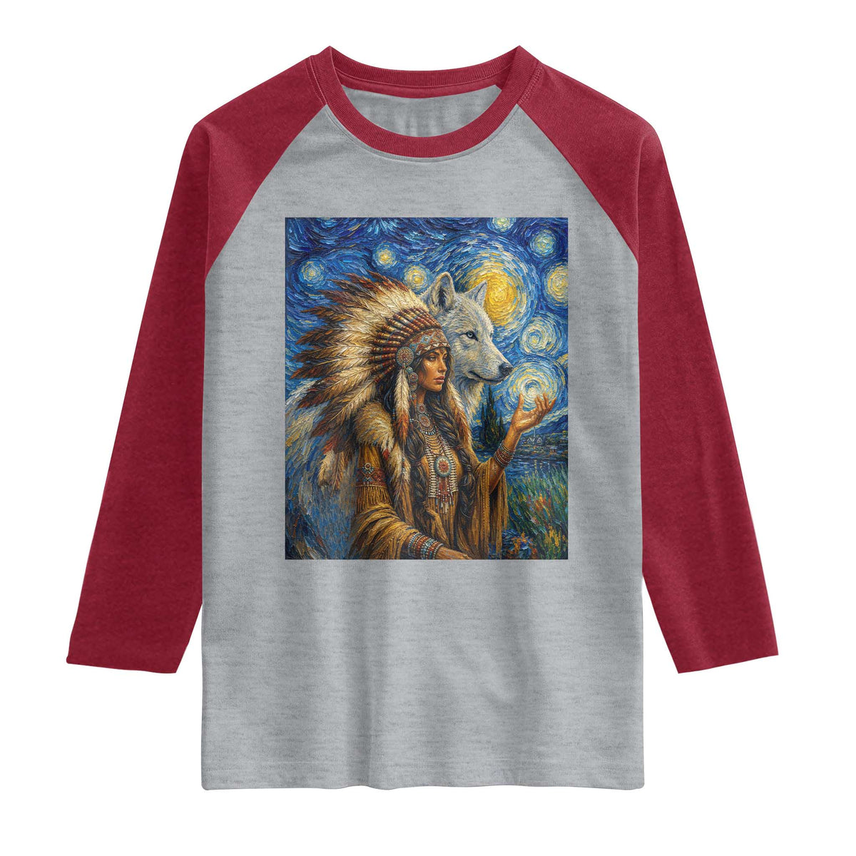Native American Woman And White Wolf Raglan Shirt Starry Night Inspired Art